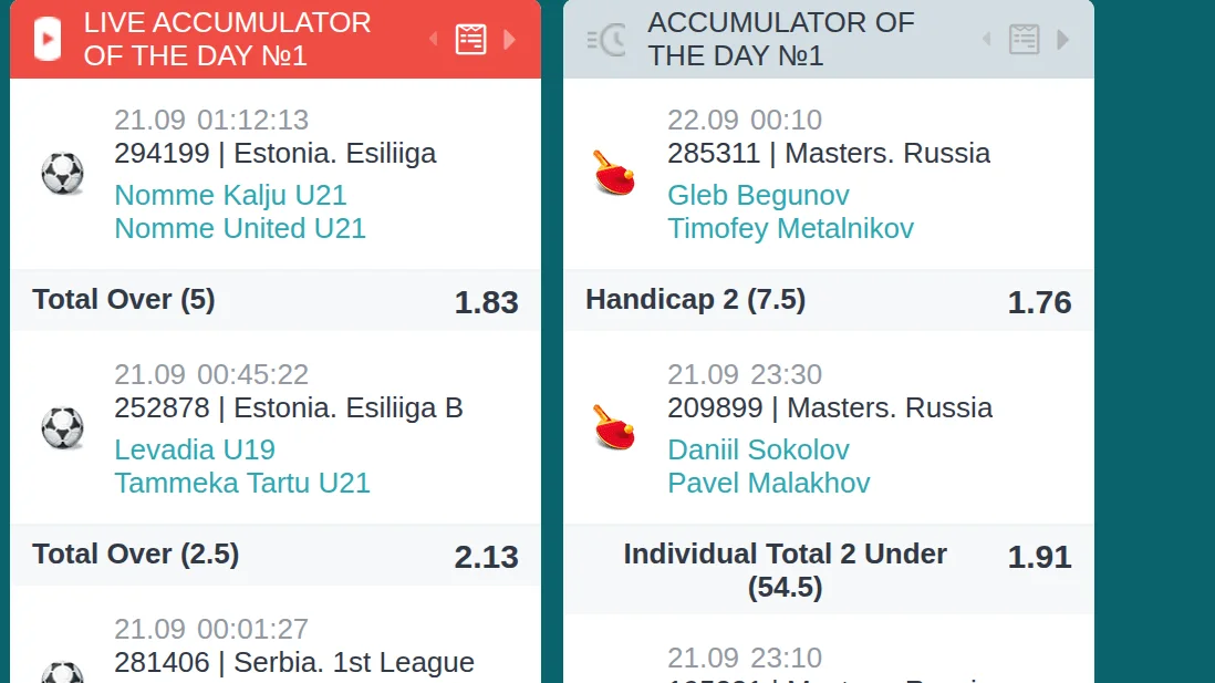 The Live Accumulator of the Day and Accumulator of the Day panels, with legs and odds