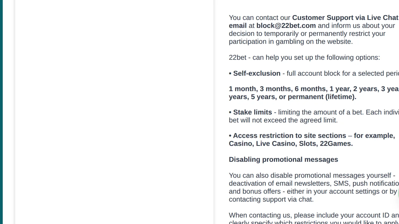 The self-exclusion options in chapter 20, with block@22bet.com and the section-level restrictions