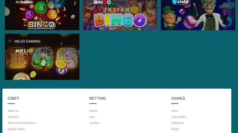 The bingo section, with the FLG Games, Caleta and Helio Gaming tiles
