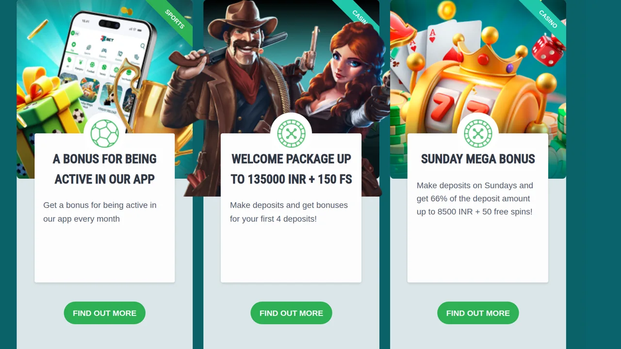 The casino bonus cards, including the welcome package and the Sunday Mega Bonus