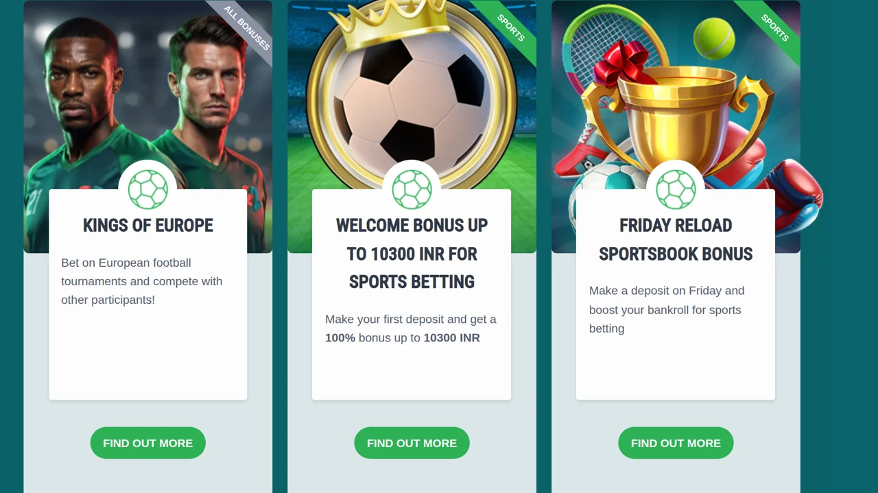 The sports bonus cards: Kings of Europe, the welcome bonus and the Friday reload
