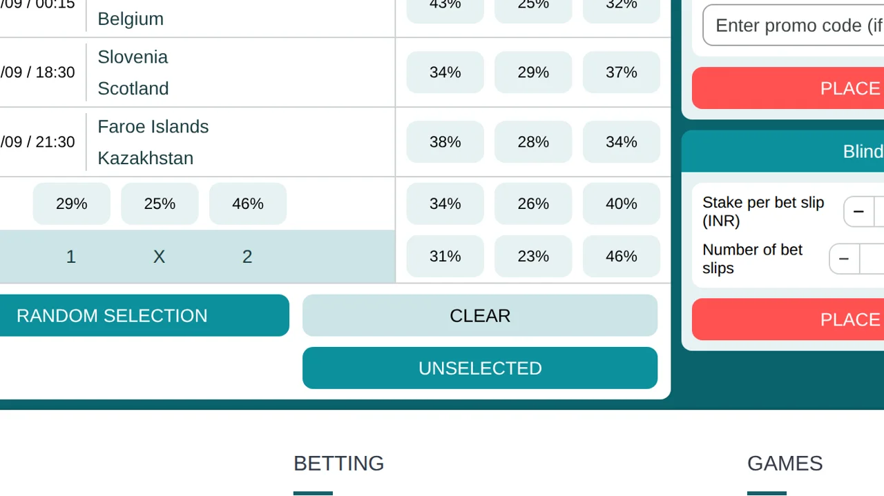 Random selection, Clear and Unselected under the card, with the blind-bet panel on the right