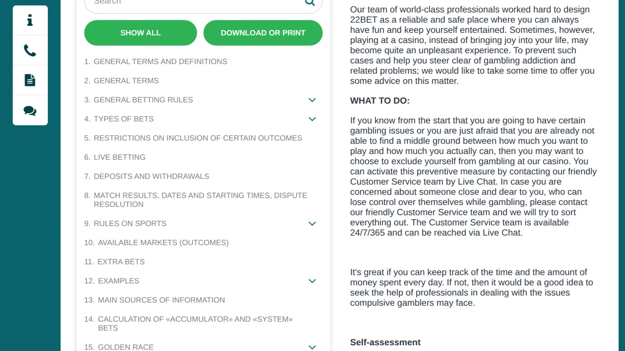 The chapter list and the responsible gambling text, chapters 1 to 15