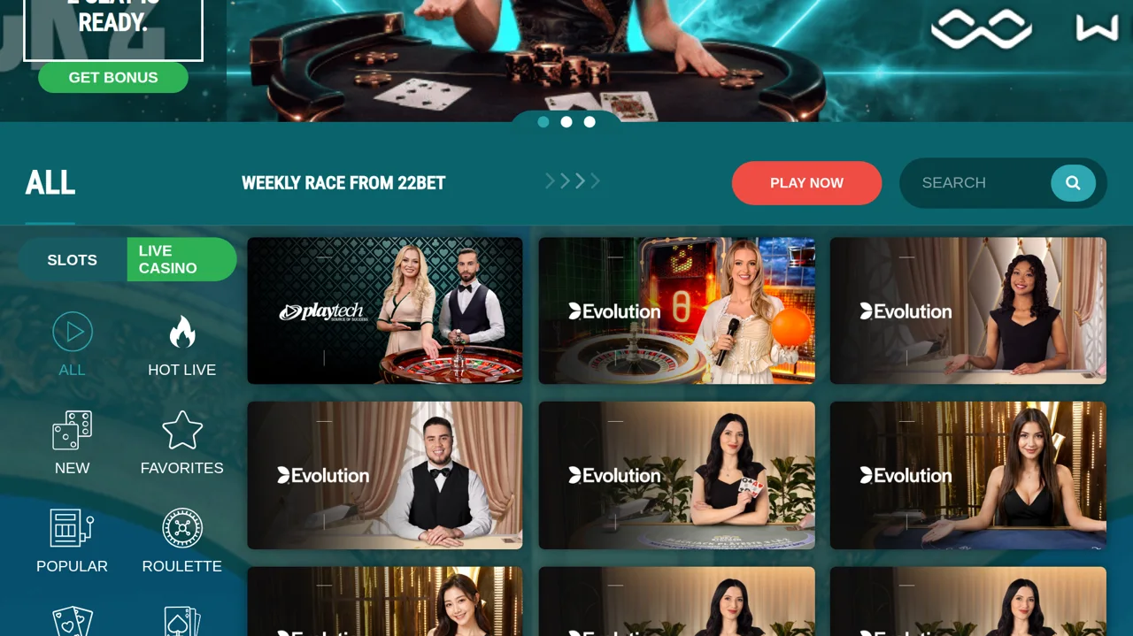 The live casino lobby, with Evolution and Playtech tables