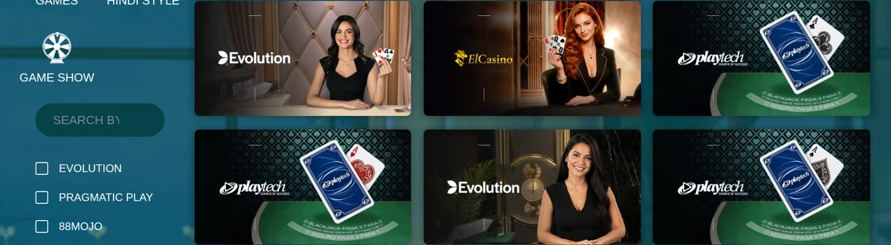 The Hindi Style and Game Show categories above the provider checkboxes, with Playtech and El Casino tables