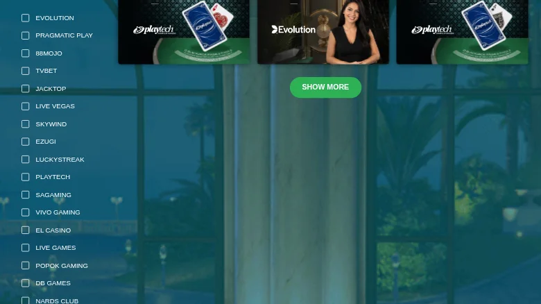 The live-casino provider filter, with the full studio list