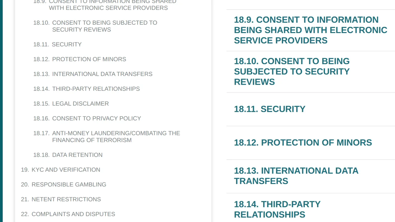 Sub-chapters 18.9 to 18.18, ending with anti-money laundering and data retention