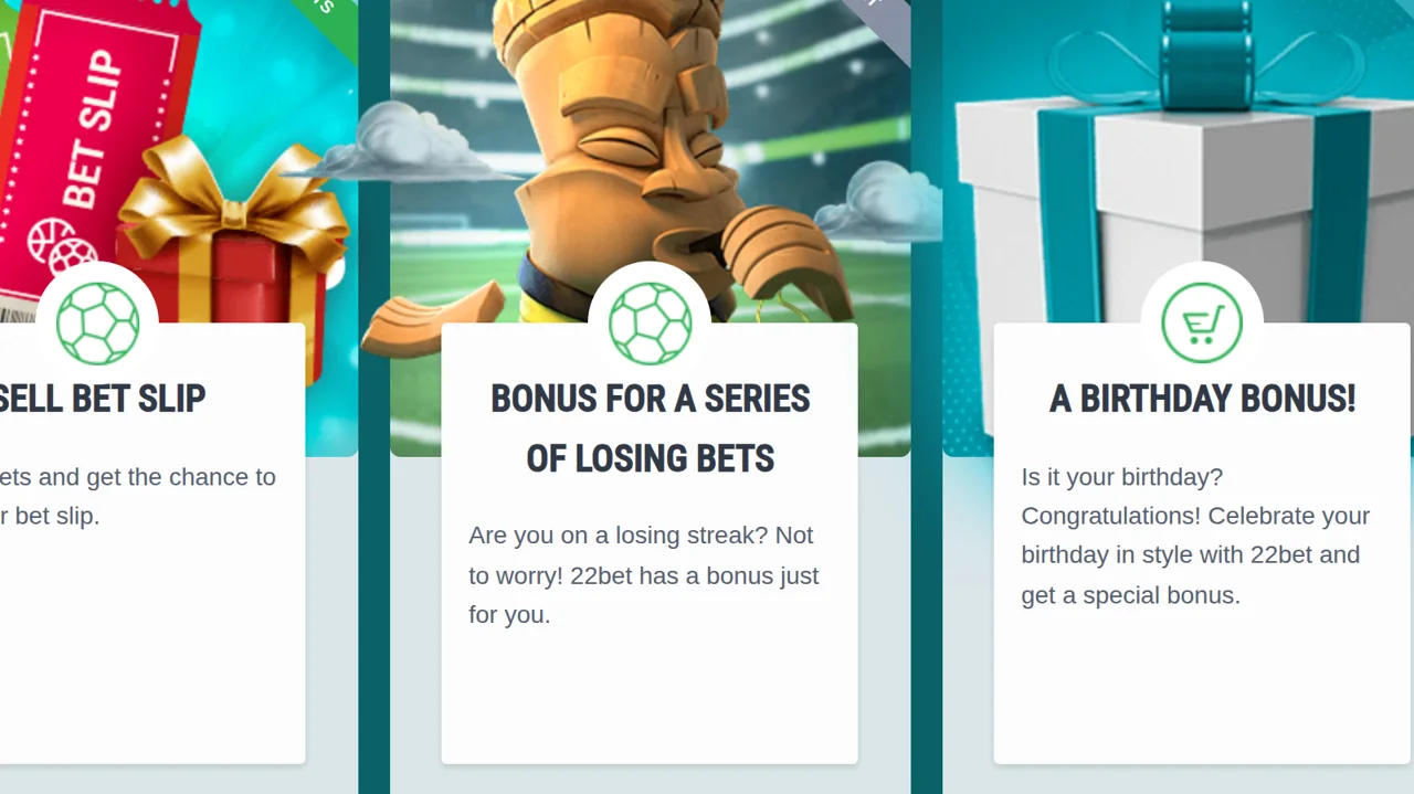 Sell bet slip, a bonus for a series of losing bets and a birthday bonus