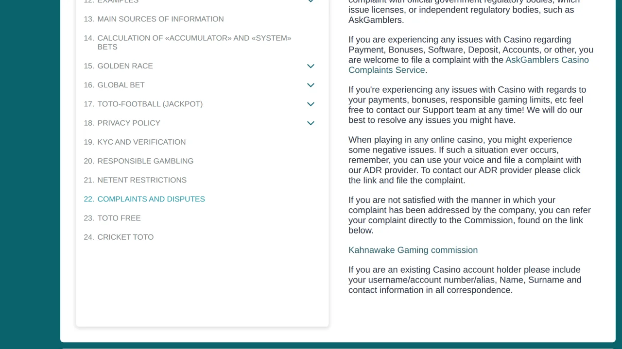 The complaints chapter, with the AskGamblers service and the Kahnawake Gaming commission link
