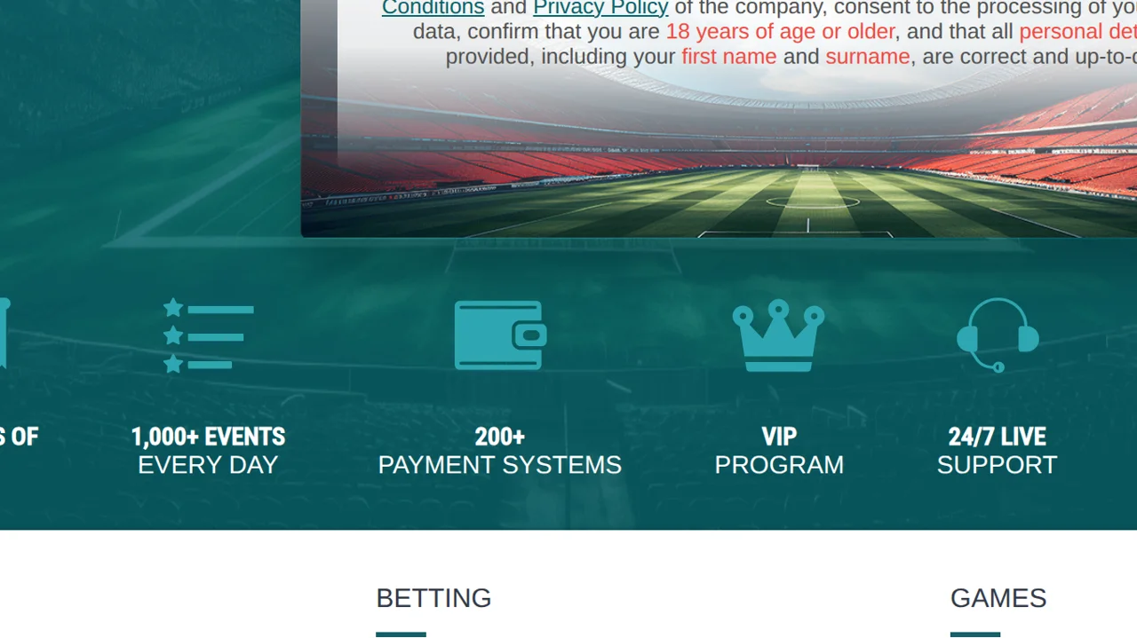 The six badges under the registration form: 1,000+ events, 200+ payment systems, VIP programme, 24/7 live support