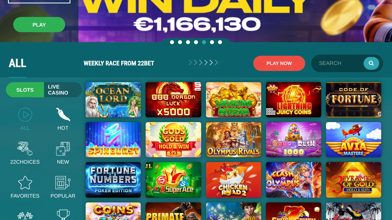 The slots lobby, with categories, the provider filter and the daily jackpot banner