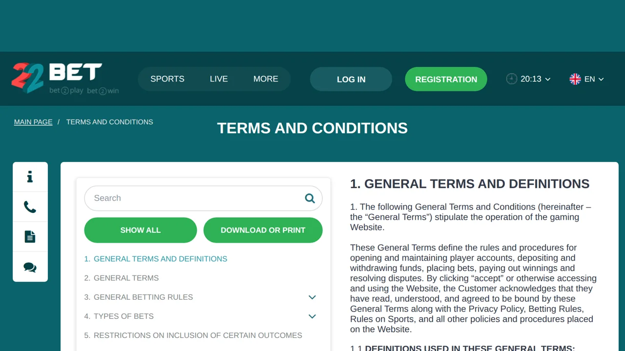 The 22Bet terms and conditions, with the chapter list and the Show all button