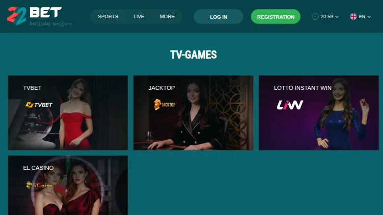 The TV games section: TVBET, Jacktop, Lotto Instant Win and El Casino