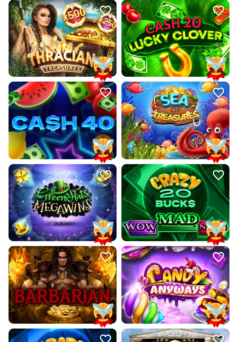 Etiqueta «Arena» no lobby da Apuesta Total, com Thracian, Cash 20 Lucky Clover, Sea Treasure e Candy AnyWays