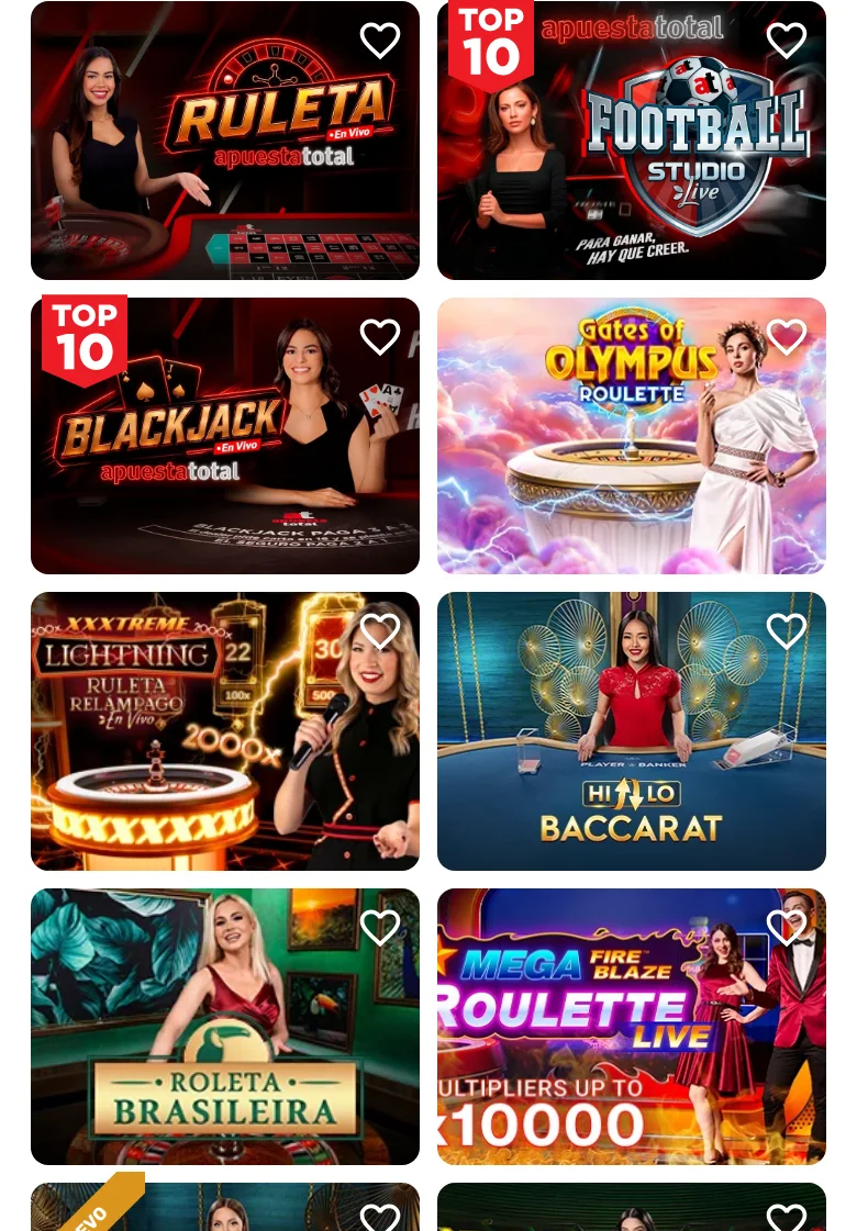 Casino ao vivo da Apuesta Total: Ruleta, Football Studio, Blackjack, Baccarat, Roleta Brasileira e Mega Roulette com multiplicadores até 10.000