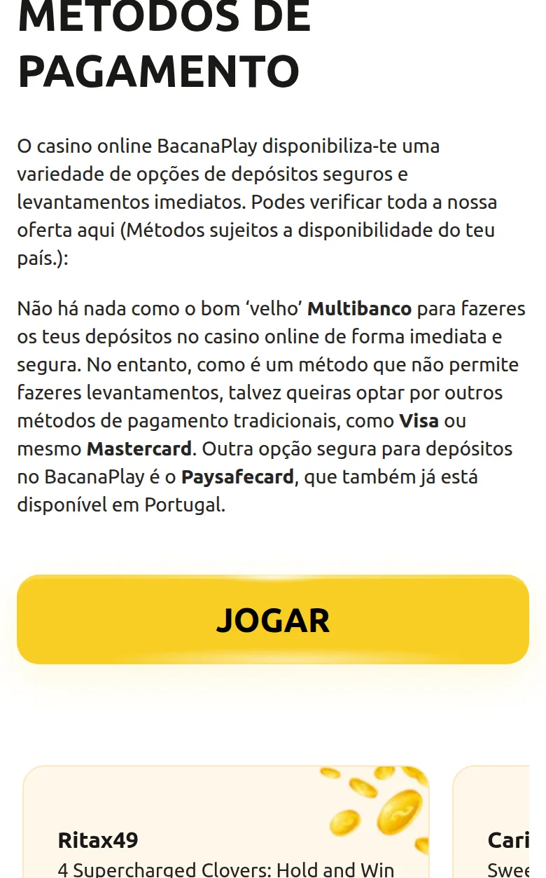 Página de métodos de pagamento da Bacanaplay