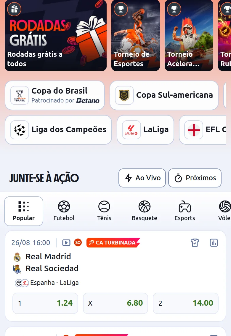 Home da Betano BR com rodadas grátis, torneios e um Real Madrid–Real Sociedad ao vivo a 1,24 / 6,80 / 14,00