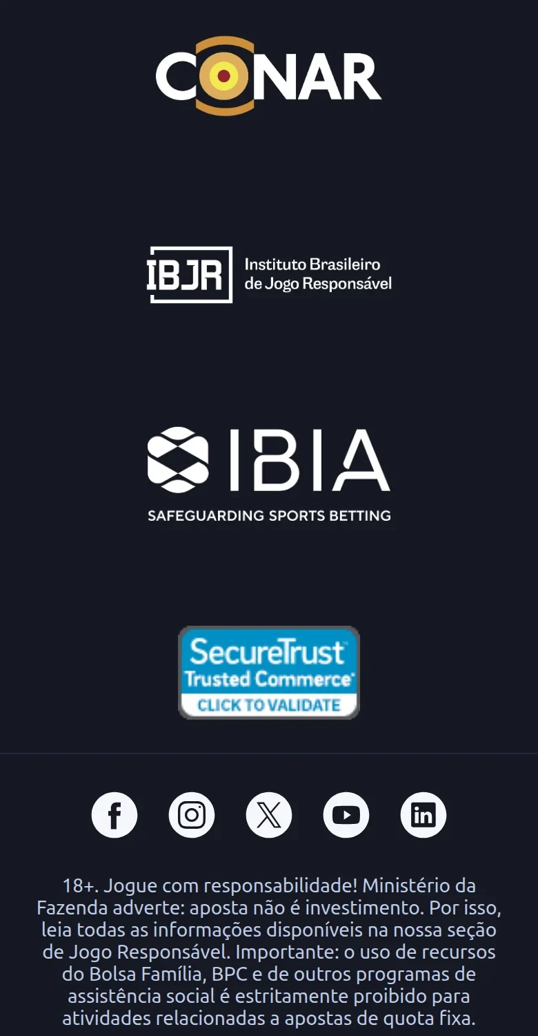 Rodapé da Betano com os selos CONAR, IBJR, IBIA e o aviso legal brasileiro