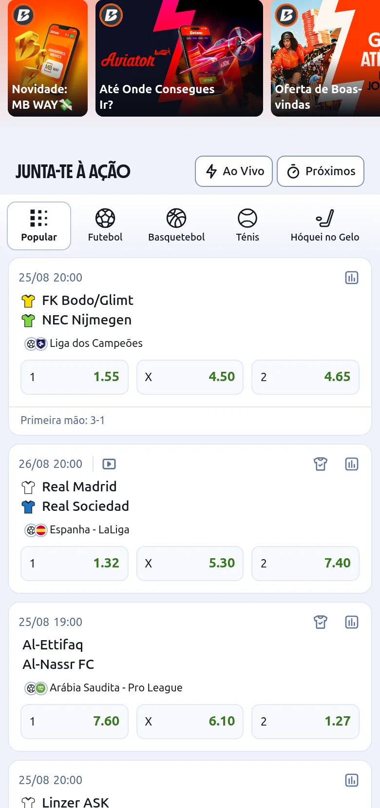 Página inicial da Betano.pt vista de Portugal, com o menu de desportos e a barra de ofertas