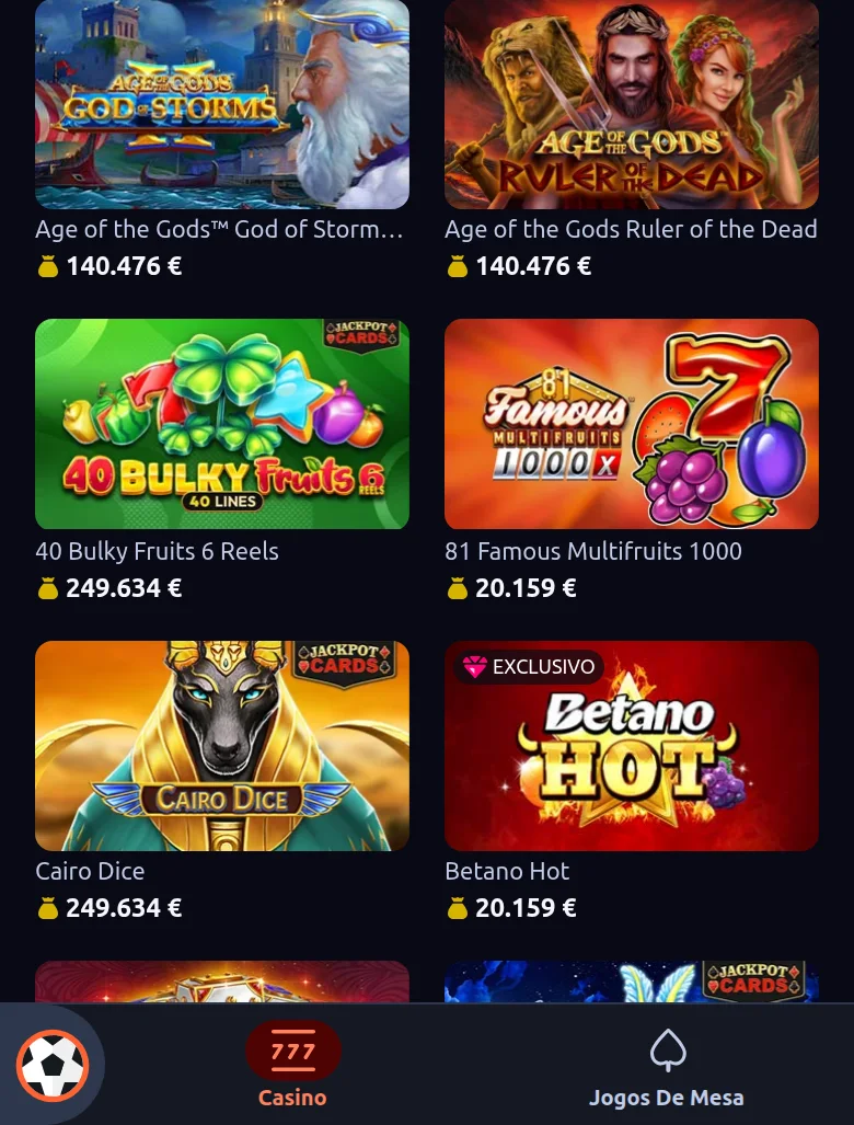 Secção de jackpots do casino da Betano, com os prémios progressivos