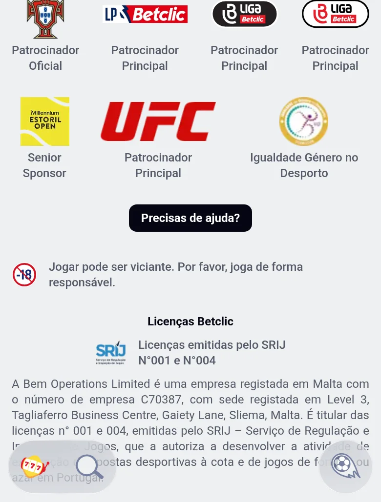 Rodapé da Betclic.pt com os patrocínios — UFC, federações, «Igualdade Género no Desporto» — e as licenças n.º 001 e n.º 004 do SRIJ