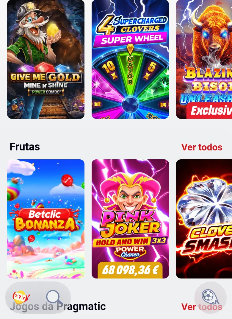 Grelha de slots da Betclic por categoria: Give Me Gold, 4 Supercharged Clovers, Blazing Bison, e o Poker Joker a 68.098,36 €
