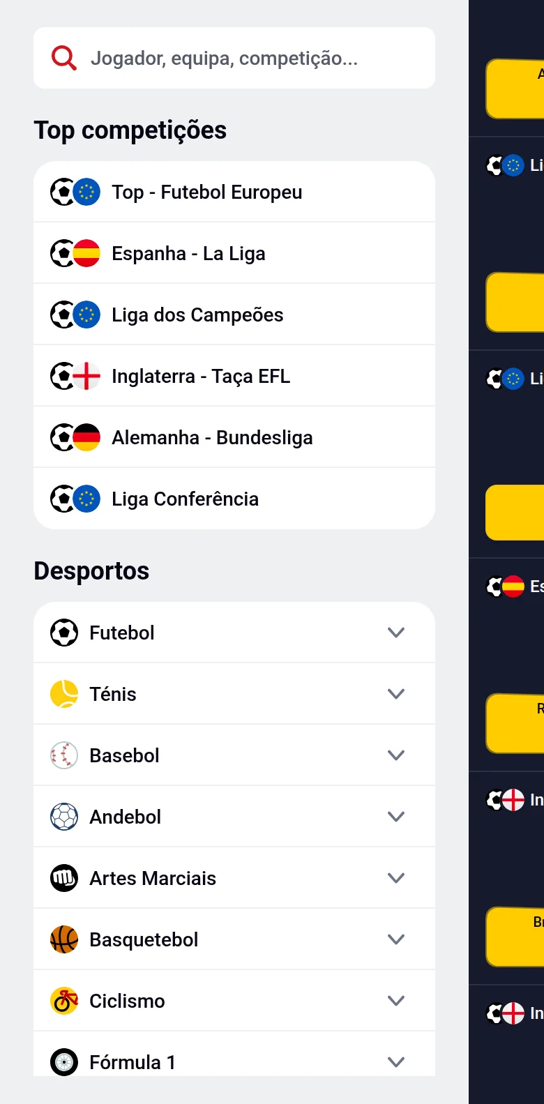 Menu de desporto ao vivo da Betclic: competições de topo e a lista completa, do futebol à Fórmula 1