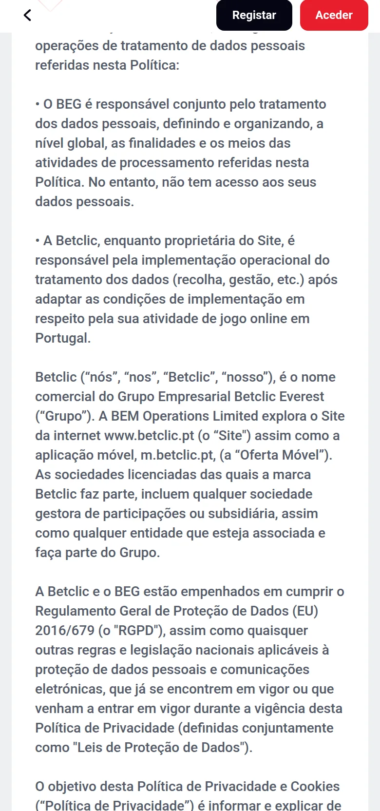 Betclic.pt — a Política de Privacidade e Cookies do casino, num endereço separado dos documentos de desporto
