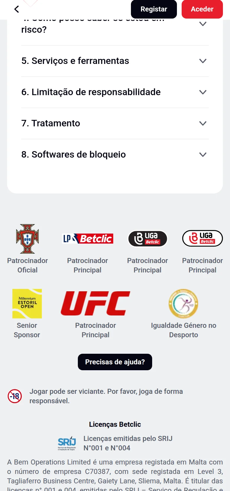 Página de jogo responsável do casino da Betclic