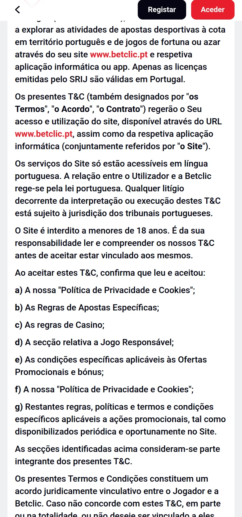 Betclic.pt — os Termos e Condições gerais