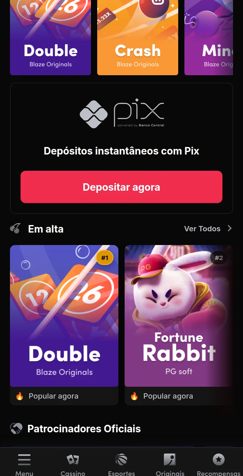 Home da Blaze BR com Double, Crash e Mines, e o painel de depósitos instantâneos por Pix