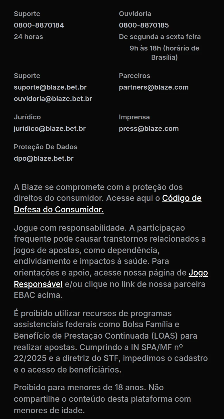 Rodapé da Blaze com os canais de contato, o link ao CDC e o aviso sobre programas assistenciais