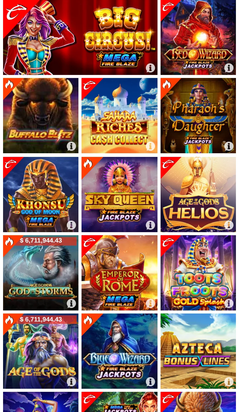 Cuadrícula de tragamonedas con jackpots progresivos y el botón de información en cada juego