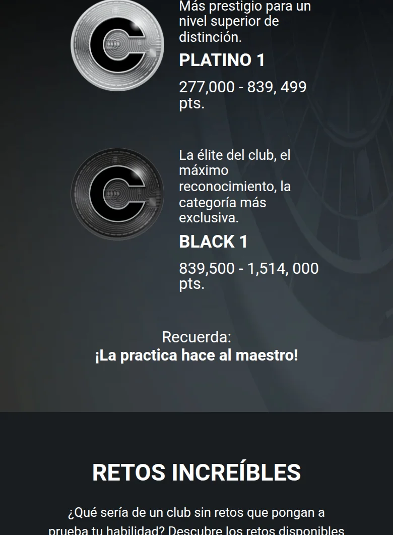 Codere Club: os escalões Platino 1 (277.000–839.499 pontos) e Black 1 (839.500–1.514.000)