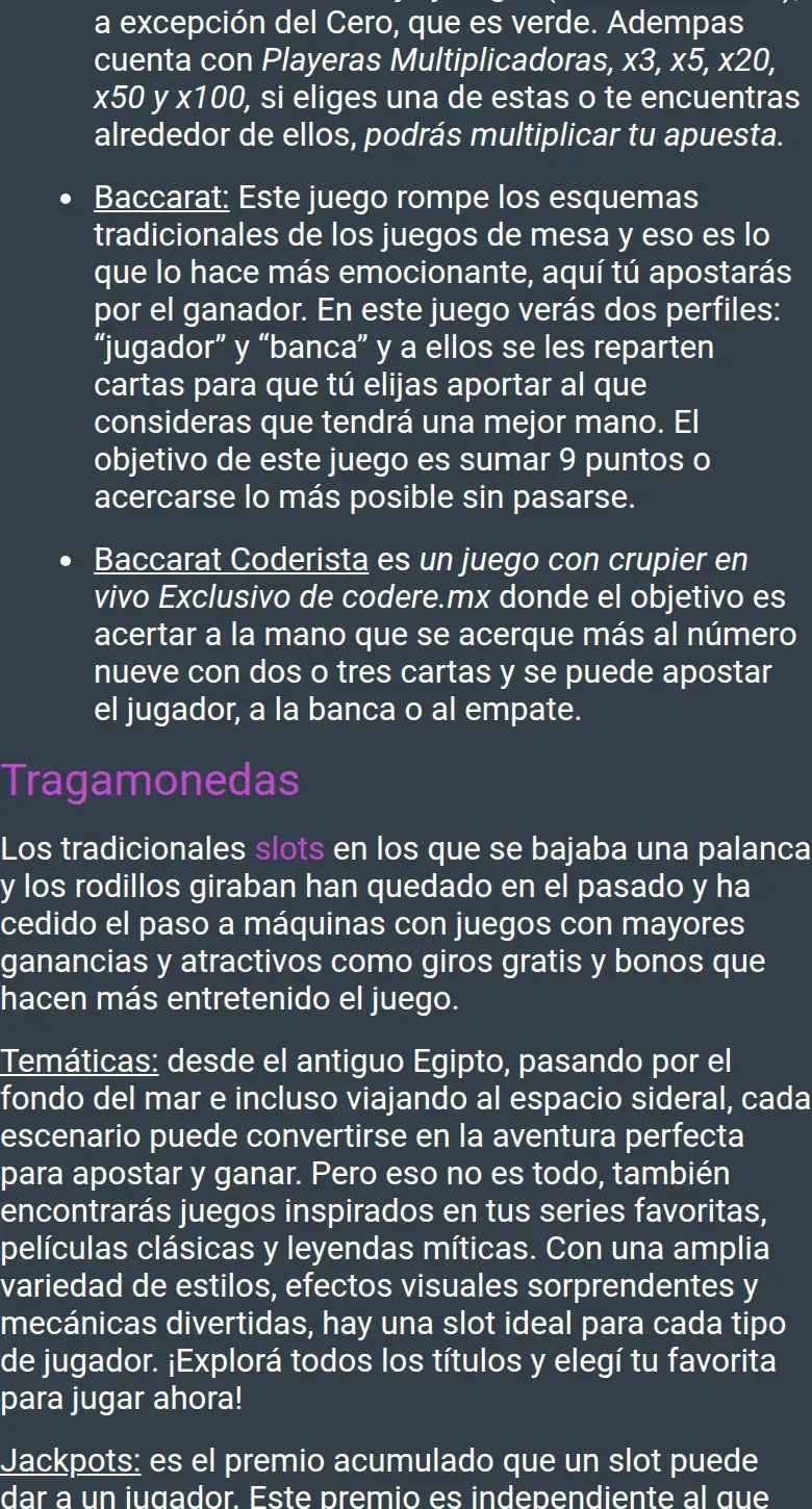 Texto del casino describiendo tragamonedas, jackpots y crupieres en vivo