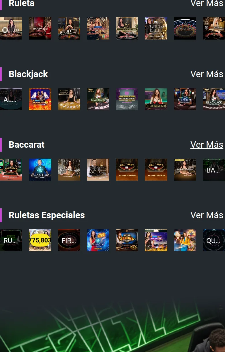 Casino ao vivo da Codere MX, com as filas de Ruleta, Blackjack, Baccarat e Ruletas Especiales