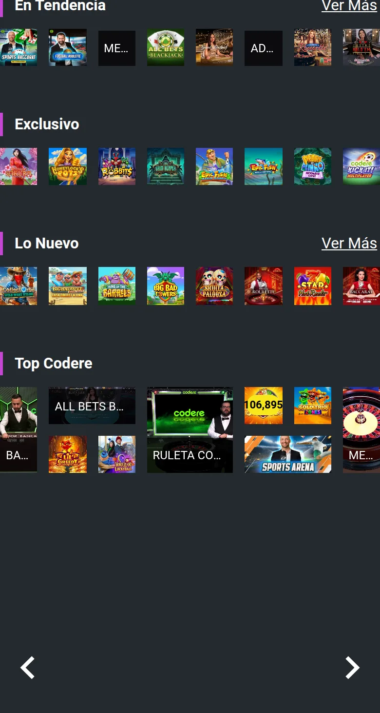 Lobby del casino de Codere con las categorías En Tendencia, Exclusivo, Lo Nuevo y Top Codere