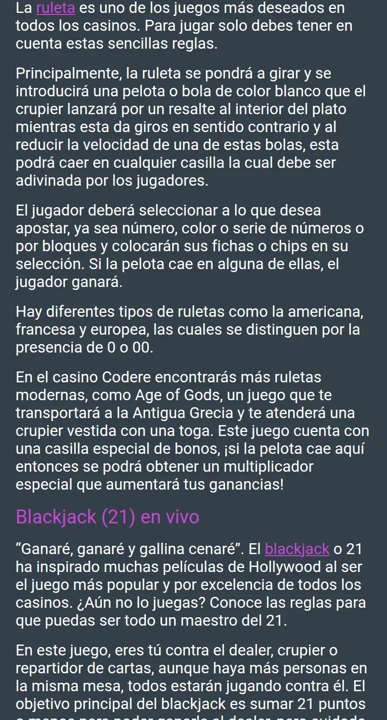 Texto explicando ruleta, blackjack y baccarat en vivo