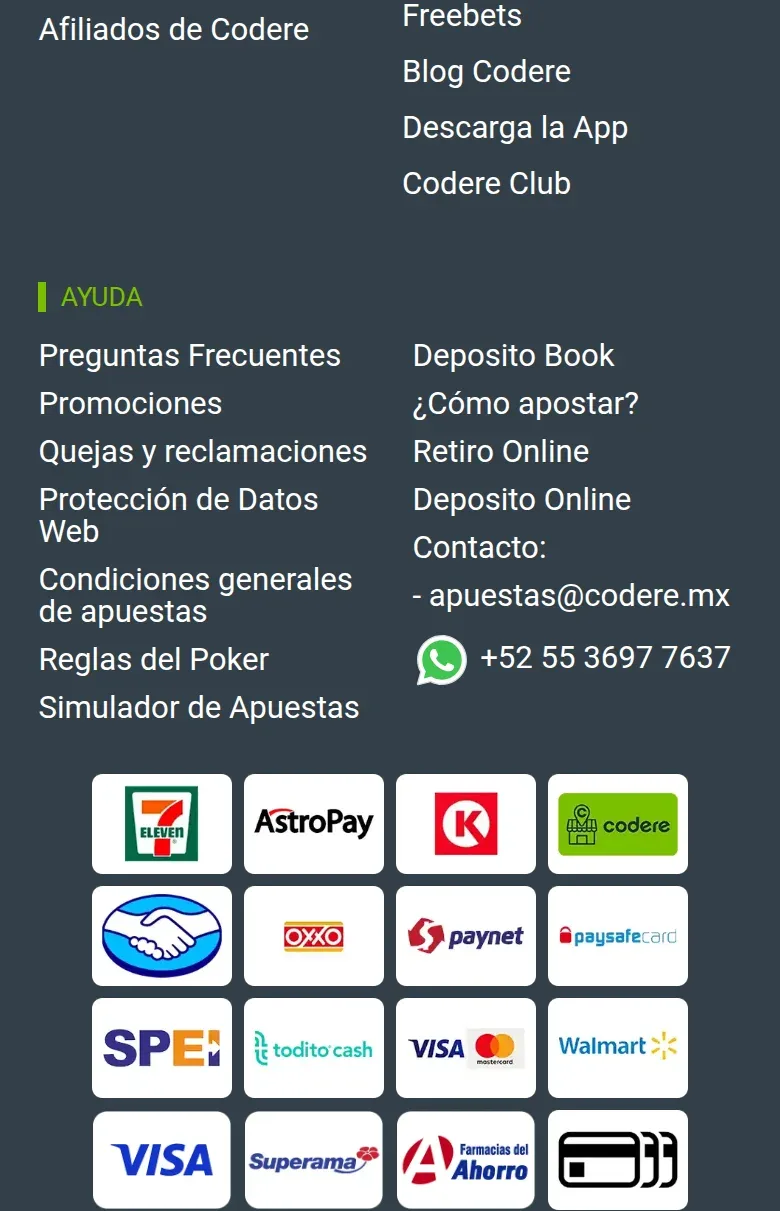 Pie de página de Codere con los métodos de pago