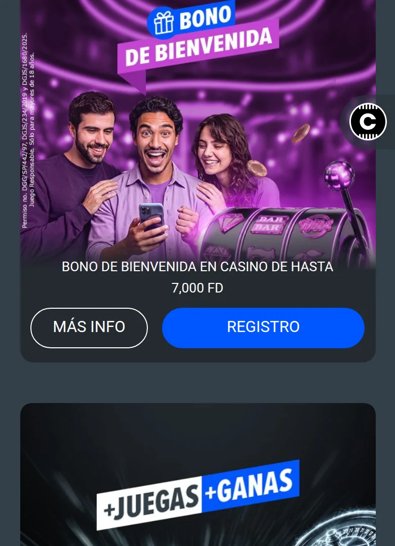 Promoções da Codere MX: bónus de boas-vindas de casino até 7.000 FD, com «mais info» e «registo»
