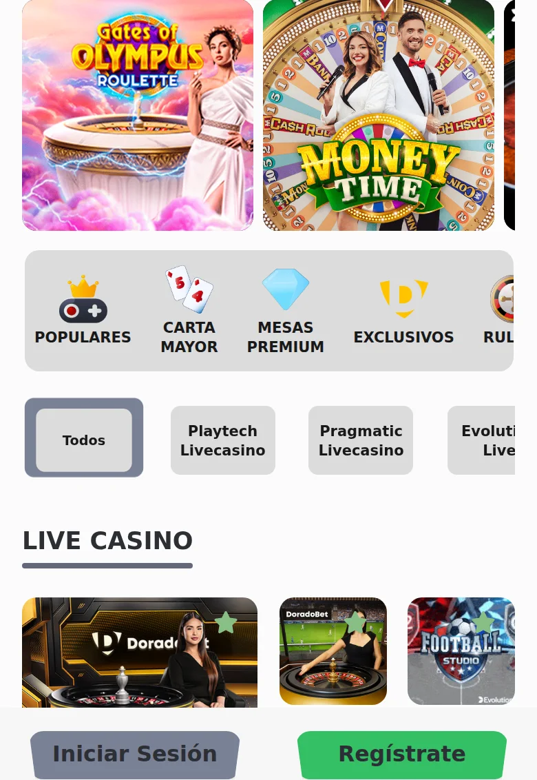 Casino ao vivo da Doradobet com Gates of Olympus Roulette e Money Time, e os separadores por fornecedor — Playtech, Pragmatic e Evolution