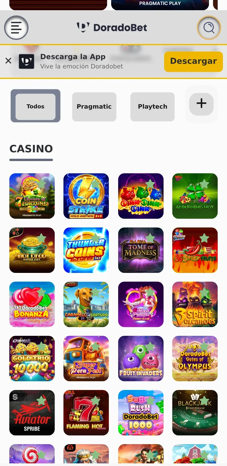 Lobby del casino de Doradobet con filtros por proveedor y juegos de marca propia