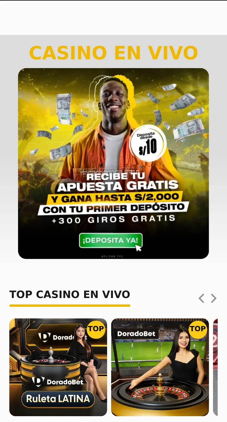 Sección de casino en vivo de Doradobet