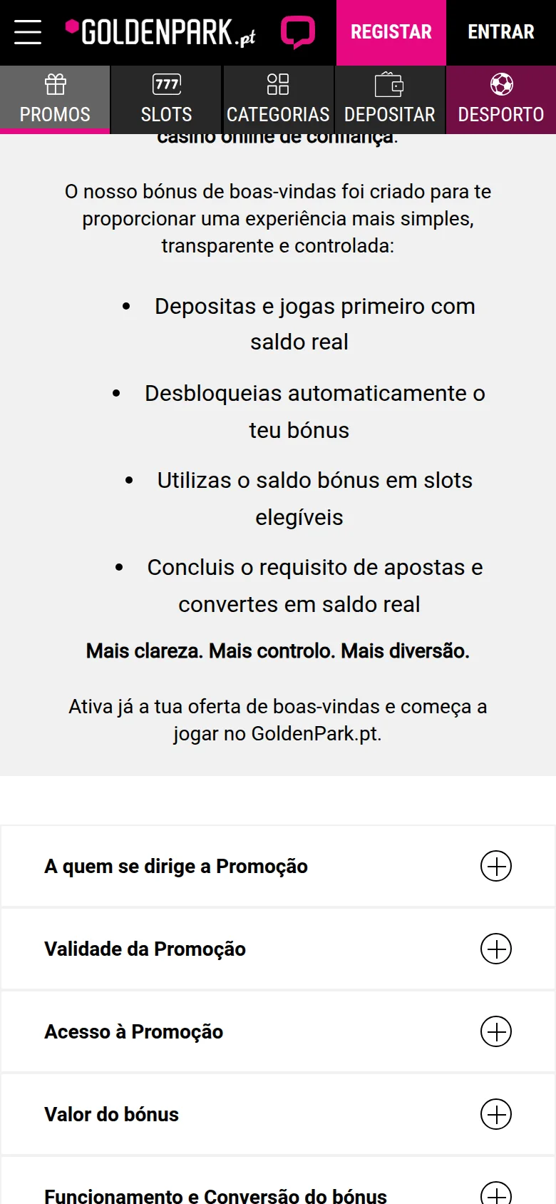 Página da oferta de boas-vindas de casino da GoldenPark.pt, com o bónus de 100% até 300 € no primeiro depósito