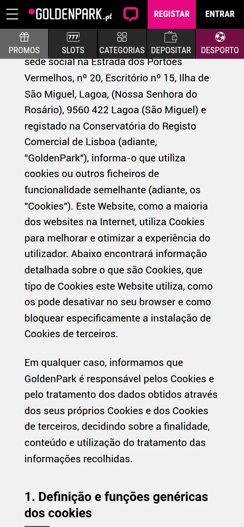 GoldenPark.pt — a política de cookies, um dos documentos que o rodapé identifica