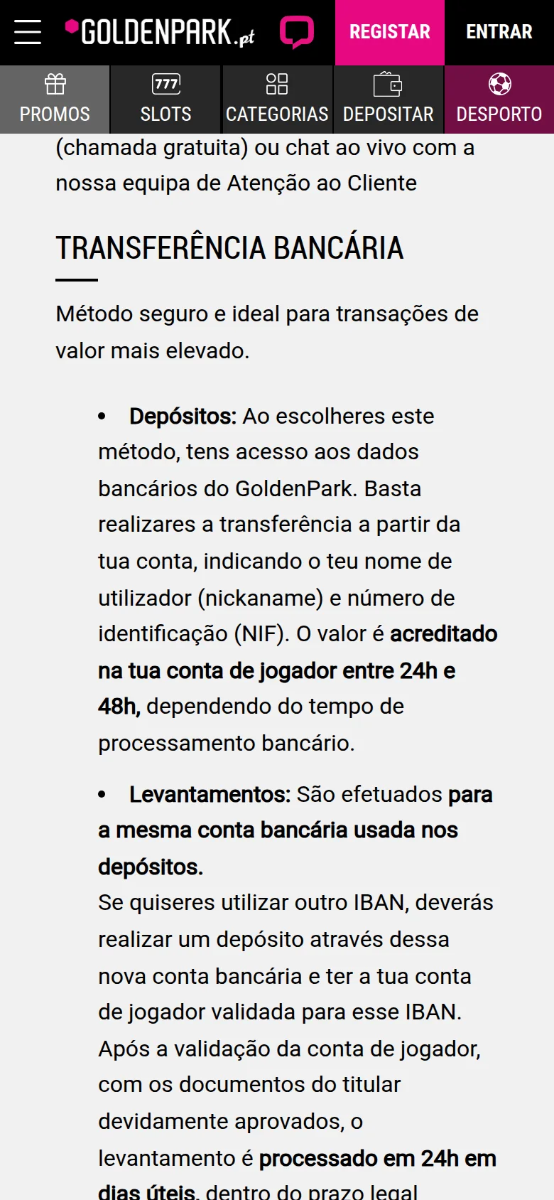 Página de depósitos e levantamentos da GoldenPark, com os prazos por método