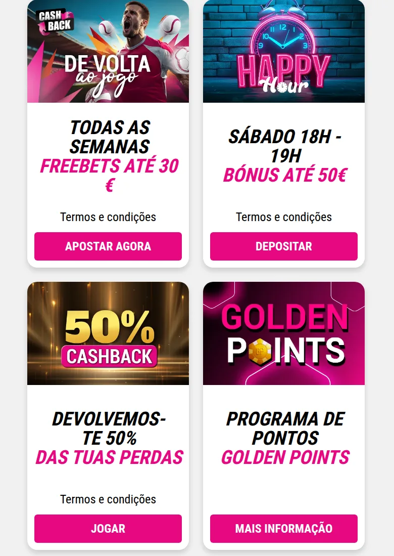 Página de promoções de casino da GoldenPark.pt, com os filtros de casino e apostas