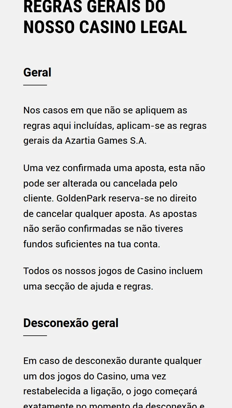 Página de regras gerais da GoldenPark