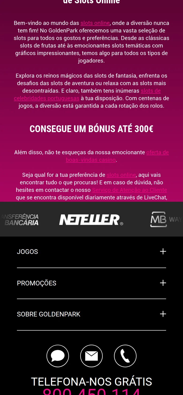 Página do bónus da GoldenPark — «Consegue um bónus até 300 €» — com os métodos de pagamento aceites, do Neteller ao MB Way