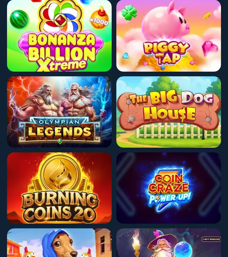 Grelha de jogos da Juegalo: Bonanza Billion Xtreme, Piggy Tap, Olympian Legends e The Big Dog House